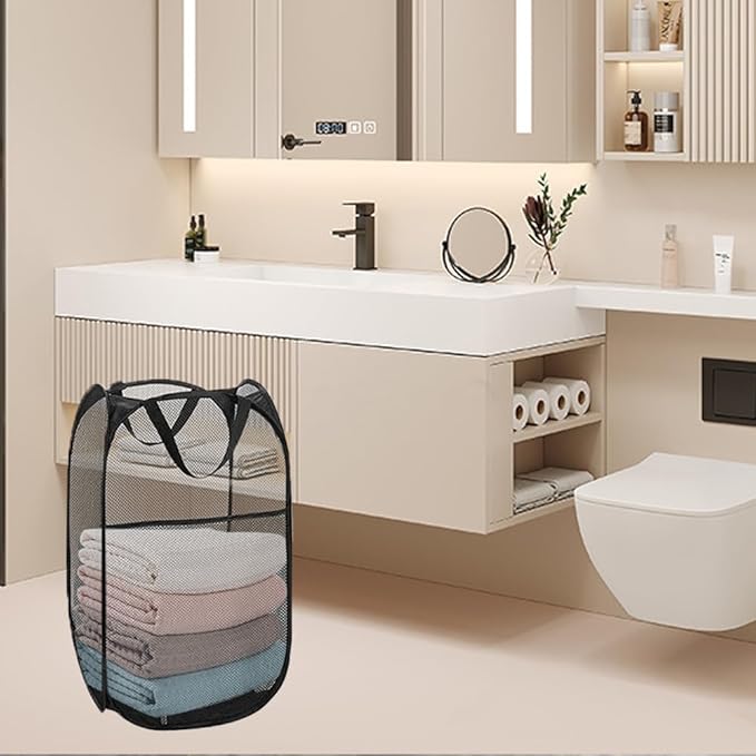 Pack of 2 Pop Up Laundry Hamper Collapsible Laundry Baskets Black Mesh Laundry Baskets with Portable Handle, Side Pocket for Bedroom, Nursery Room, Travel, Cruise