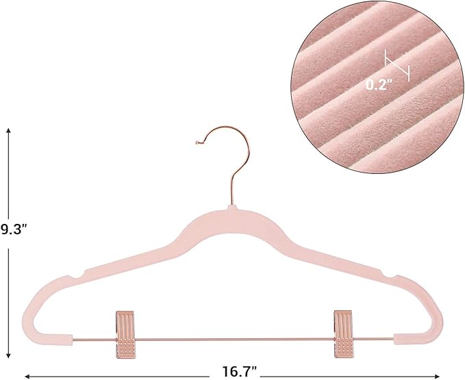 SONGMICS 24 Pack Pants Hangers, 16.7 Inch Coat Hangers with Rose Gold Colored Movable Clips, Heavy-Duty, Non-Slip, Space-Saving, for Pants, Skirts, Dresses, Light Pink UCRF14PK24