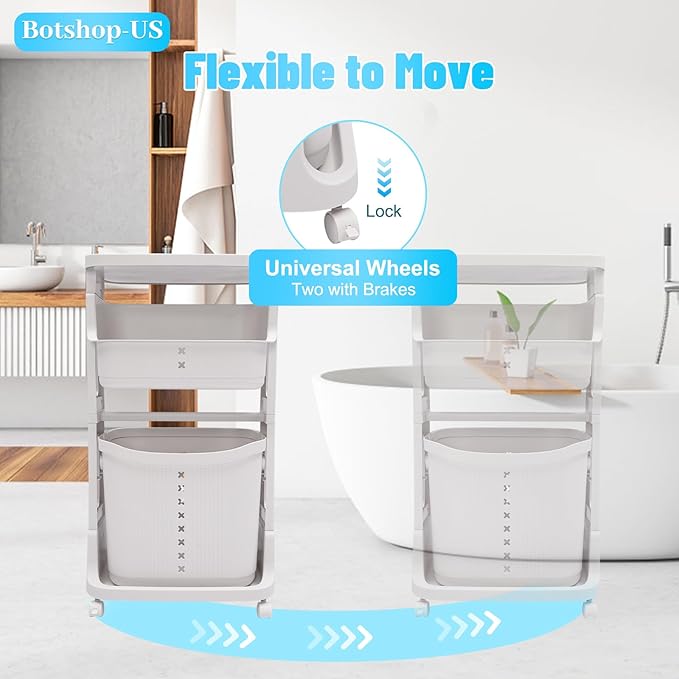 Laundry Hamper Basket, 2-Tier 3 Baskets Removable Basket Cart with Wheel, Dirty Clothes Storage Organizer Shelf, Plastic Stackable Washing Clothes Sorter for Bathroom, White