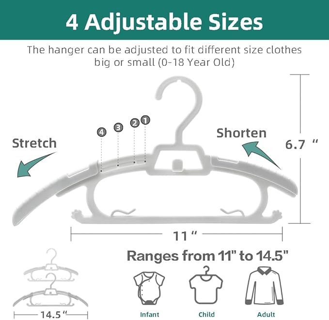 24 Pack Adjustable Baby Clothes Hangers for Closet, Sturdy Heavy Plastic Onesie Organizer for Infant Newborn Toddler, Expandable & Stackable Kids Children’s Outfit Hangers, 11”-14”, White