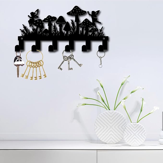 CREATCABIN Wall Decor Key Holder Black Metal Key Rack with 6 Hooks Fairy Mushroom Shaped Design Towel Clothes Hanger Organizer Wall Mounted Art Decor for Entryway Living Room Bathroom 10.6 x 5.1 Inch