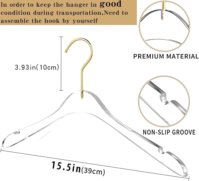 Besser 15 Pack Acrylic Hangers with Gold,Acrylic Clear Hanger,Premium Crystal Dress Hangers Swivel Gold Hook Luxurious Shiny Clothes Hangers(Clear-Style B)