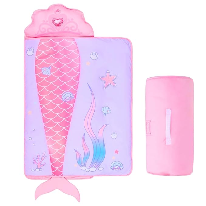 Mermaid Nap Mats for Preschool with Removable Pillow and Blanket Kids Sleeping Bag with Pillow Reinforced Stitching Machine-Washable, Soft Nap Mats for Daycare, Travel, Camping 53"x21"