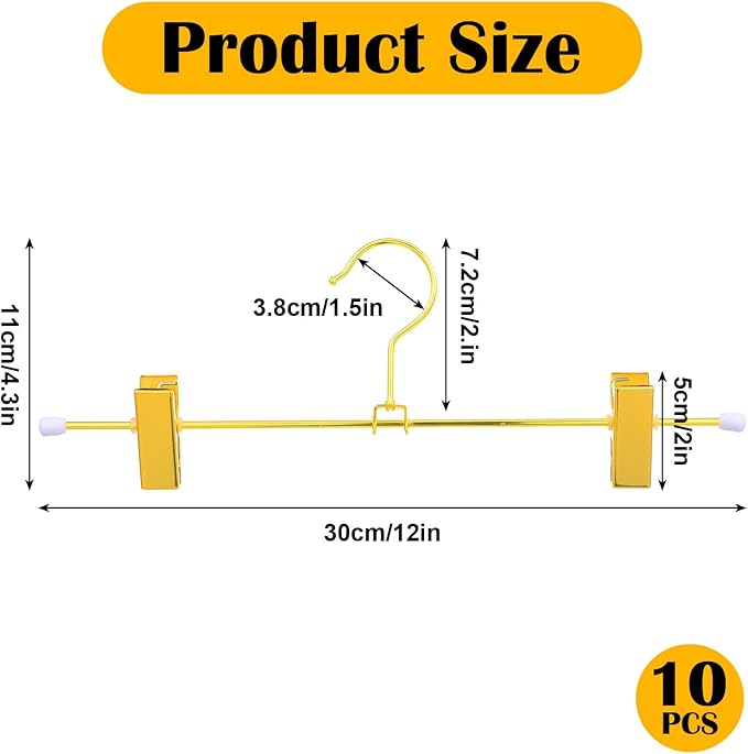 10 Pack Shiny Gold Metal Hangers 12 Inch Gold Pants Skirts Hanger with 2 Adjustable Non Slip Clips and Swivel Hook Sturdy Skirt Hangers with Clips for Skirts Slacks Jean Trousers