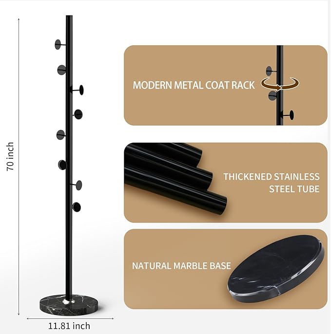 Modern Metal Coat Rack Stand with Natural Marble Base, Heavy Duty Coat Rack Freestanding with 8 Hooks, Black Standing Coat Racks Hall Tree Stand for Bag, Jacket, Entryway Office