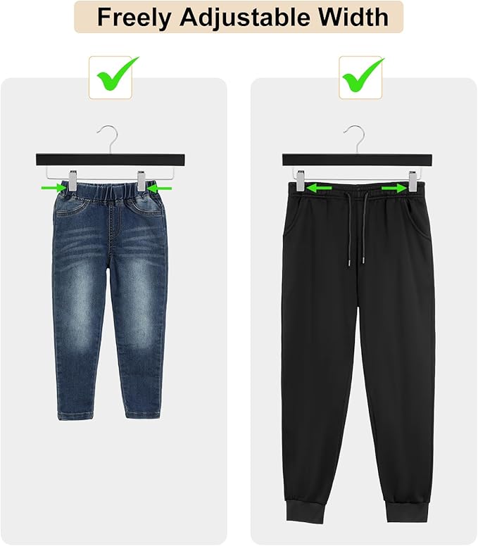 TOPIA HANGER Lotus Wood Pants Hangers, Black Wooden Skirt Short Jeans Trouser Hanger with Smooth Surface 360° Swivel Hook Anti Rust 2 Adjustable Clips, 10 Pack, CT10PB