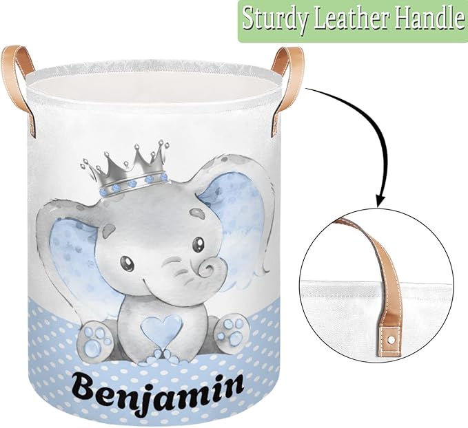 Personalized Laundry Basket, Custom Gift Laundry Hamper, Collapsible Nursery Waterproof Laundry Baskets, Dirty Clothes Toy Hamper with Handles Prince Elephant Dot