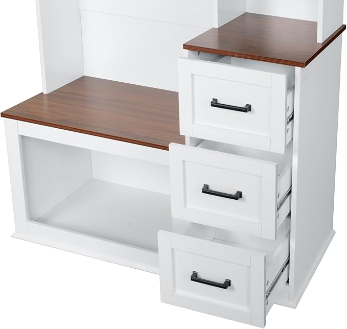 Modern Hall Tree with Top Storage, Coat Rack, 3 Shelves and Drawers, 3 Sturdy Hooks, 40.2'' Wide Hall Tree with Storage Bench for Hallway, Entryway, Living Room (White/331)