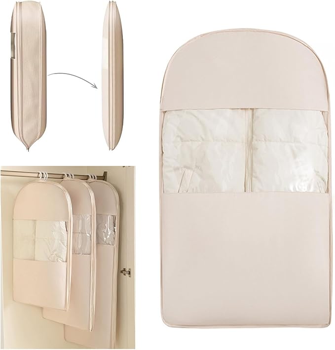 Space Saving Hanging Compression Garment Bag with Zipper for Closet Storage, Hanging Clothes Storage Bag, Garment Covers for Coats and Down Jackets, Beige, M