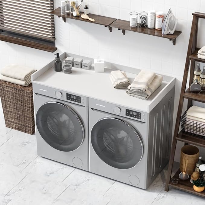 OfficeSimpli Washer Dryer Countertop, Made in USA, Non-Slip Pads, Laundry Room Wood Topper, Washer Dryer Cover for Top, Laundry Countertop, Laminate Finish (Glacier White, Large (30" x 58"))