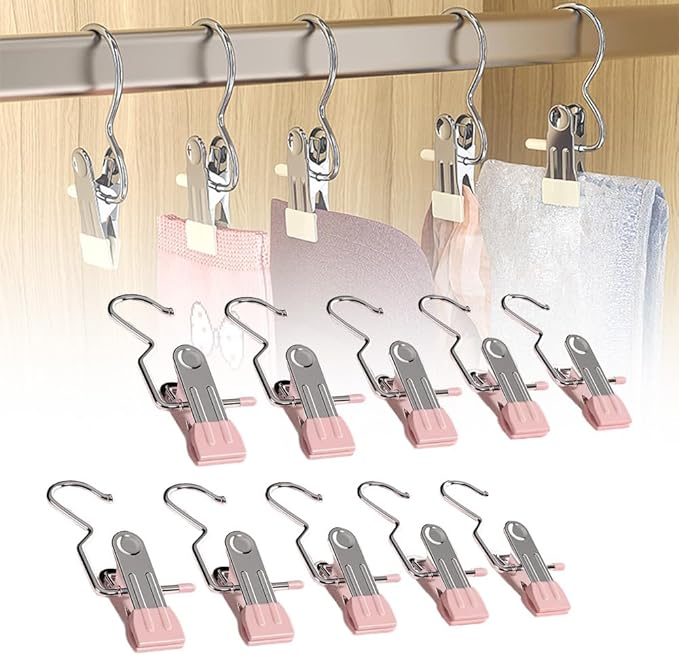 50 PCS Stainless Steel Laundry Hanging Hooks Clips, Anti-Rust Clip Space-Saving Clothespin Hat Pants Storage Hanging Travel Hook, 360° Rotating Hanger Clips Towel Clips Boot Hangers for Closet (Pink)