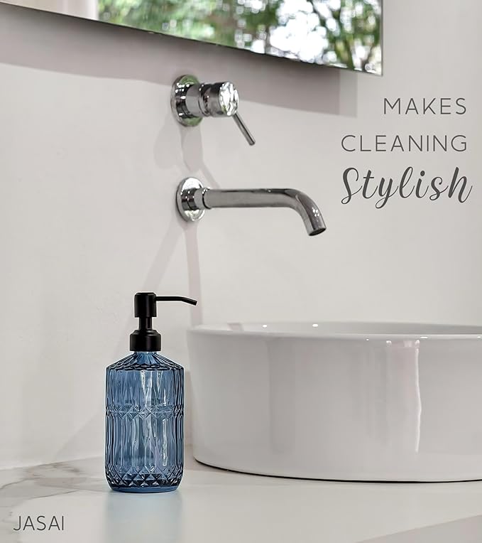 JASAI 18Oz Blue Soap Dispenser with Black Rust Proof Pump, Refillable Bathroom soap Dispenser with Thick Glass, Kitchen Soap Dispenser for Hand soap & Dish Soap.(Blue)