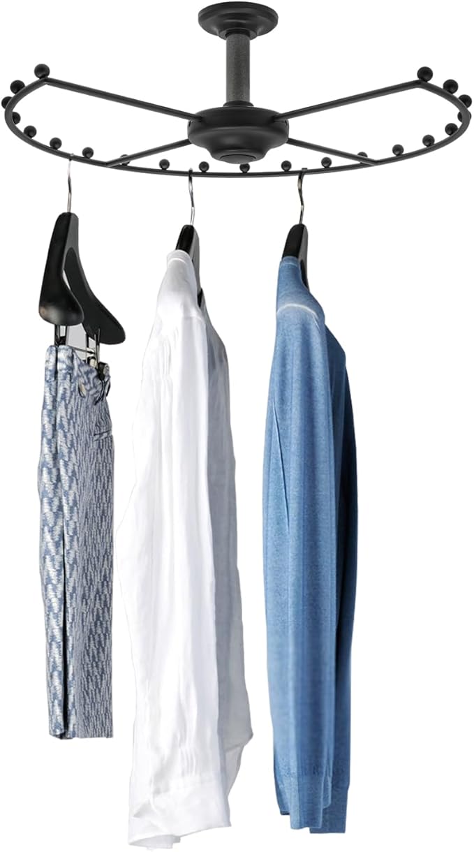 Round Closet Rod, 360° Rotating Clothes Hanger for Wardrobes, Black Heavy Duty 66 lbs Capacity Metal Closet Organizer with Iron Balls, Space Saving Storage Solution for Cloakroom