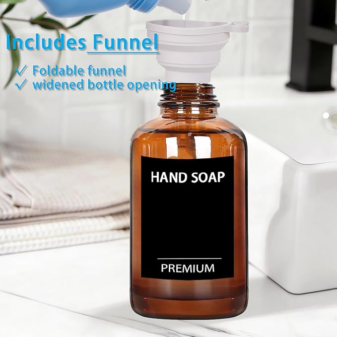 Amber 18 Oz Dish Soap Dispenser for Kitchen, Ultra-Thick Glass Soap Dispenser Set with Tray, Pump, Funnel for Bathroom, Liquid, Lotion, Shower, Laundry, (2 Pack with 12 Stickers)