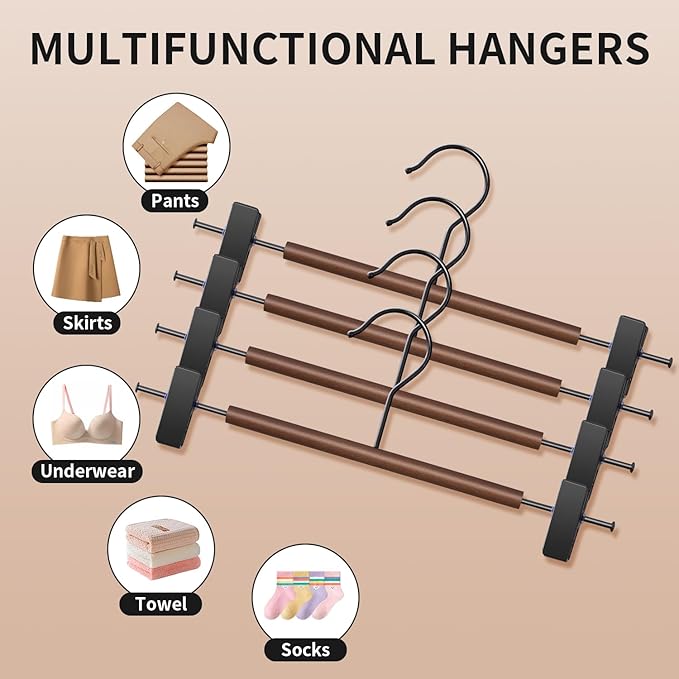 Wooden Pants Hangers with Clips 14Inch 20 Pack Adjustable Wood Skirt Hangers for Women&Men Space Saving Closet Non Slip Clothes Hanger for Jeans,Trousers,Short,Brown