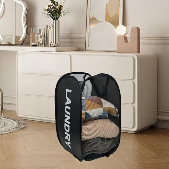 Pop Up Laundry Hampers, Collapsible Mesh Laundry Baskets, 2 Pack Black Clothes Hampers Storage Baskets for Home, Dorm, Travel