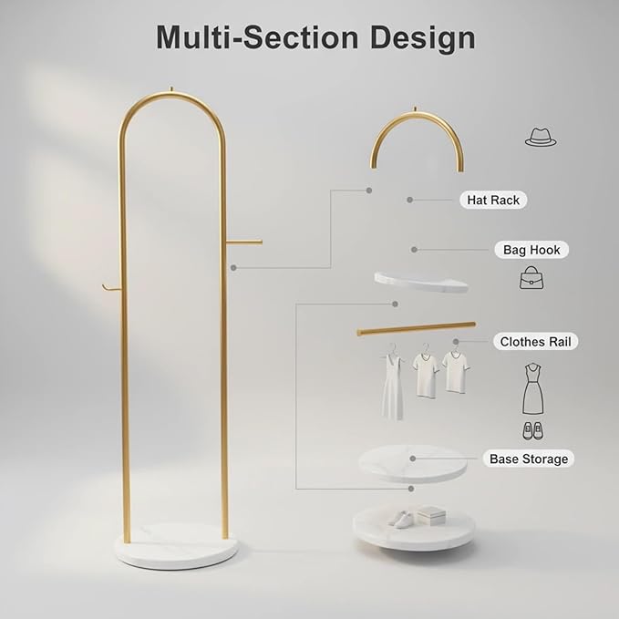 Gold Clothing Rack With Shelves, Modern Coat Rack Freestanding with Marble Base,Heavy Duty Clothes Racks for Boutiques,Metal Garment Rack suitable for Entryway Hallway, Office or Bedroom