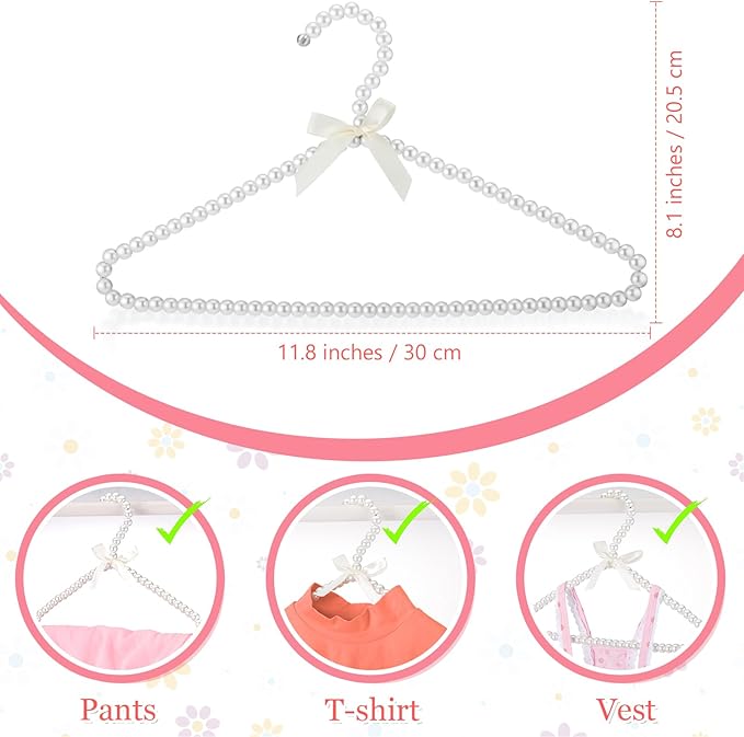 Threan White Pink 12 Pcs Pearl Beaded Clothes Hanger Mini Pearl Beads Small Metal Clothes Hangers with Ribbon Standard for Kids Baby Children Pet Dog