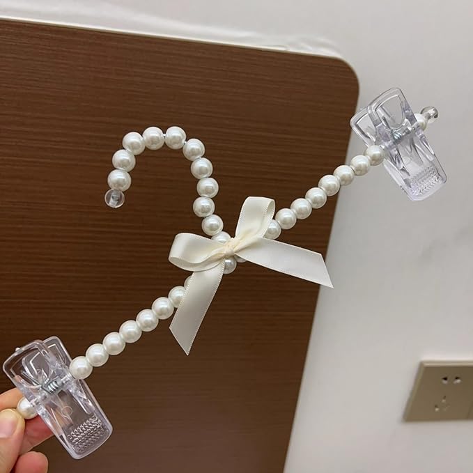 13 inch Pearl Hanger Pants Hangers with Clip,Cute Ribbon Bow Hanger Clip Hangers for Wedding Dress Bride Bridesmaid Lingerie (5, Beige)
