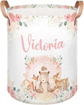 Personalized Laundry Basket, Custom Gift Laundry Hamper, Collapsible Nursery Waterproof Laundry Baskets, Dirty Clothes Toy Hamper with Handles Pink Floral Woodland Animals