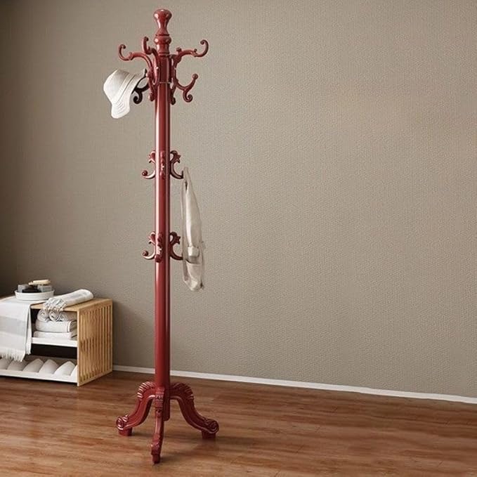 CraftThink Pine Coat Rack, Free Standing Tree Hanger Coat Tree for Clothes, Hats, Bags, Purses, with Double Prong Hooks, for Entryway, Hallway, Bedroom (Tripod Base 16" L x 16" W x 67" H, Red