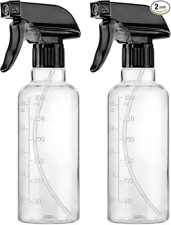 Plastic Spray Bottles (2 Pack 10 oz), Leakproof Adjustable Fine Mist & Jet Stream Nozzle, Premium BPA-Free Plastic Multi-Purpose for Hair, Plants, Cleaning (2 PACK CLEAR)