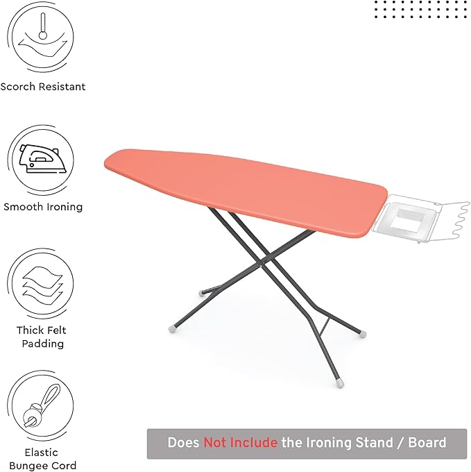Encasa XO Ironing Board Cover and Pad 42"x14" - 4mm Felt Medium Iron Board Cover with Padding - Heat Resistant, Stain-Safe Dye, Non Slip Elastic Bungee Cord Tightening Iron Table Cover Coral