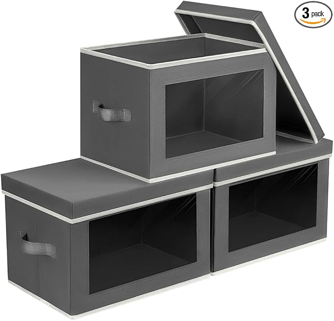 Collapsible Storage Bins with Lids - Stackable Storage Boxes with Window, 15.7 Inch Fabric Organizing Bins for Closet, Home & Office Organization Baskets, Dark Grey, 3 Pack