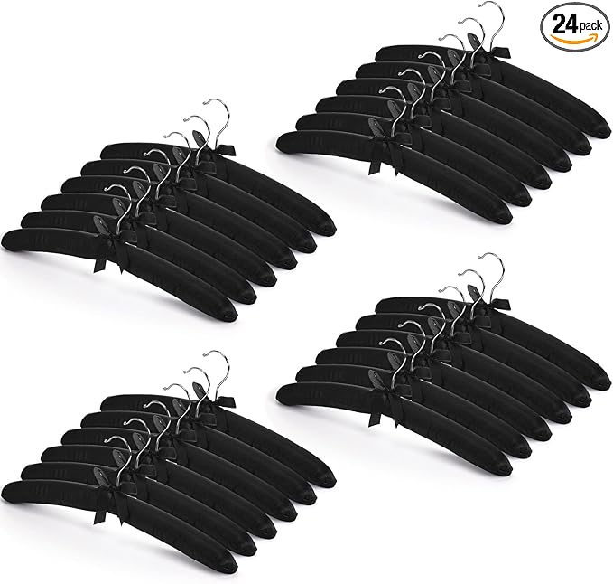 Jetec 24 Pieces Satin Padded Hangers with 360° Swiveling Hook Sponge Shoulder Pads Hanger for Coat, Sweaters, Blouse, Wedding Dress, Women Cloths (Black)