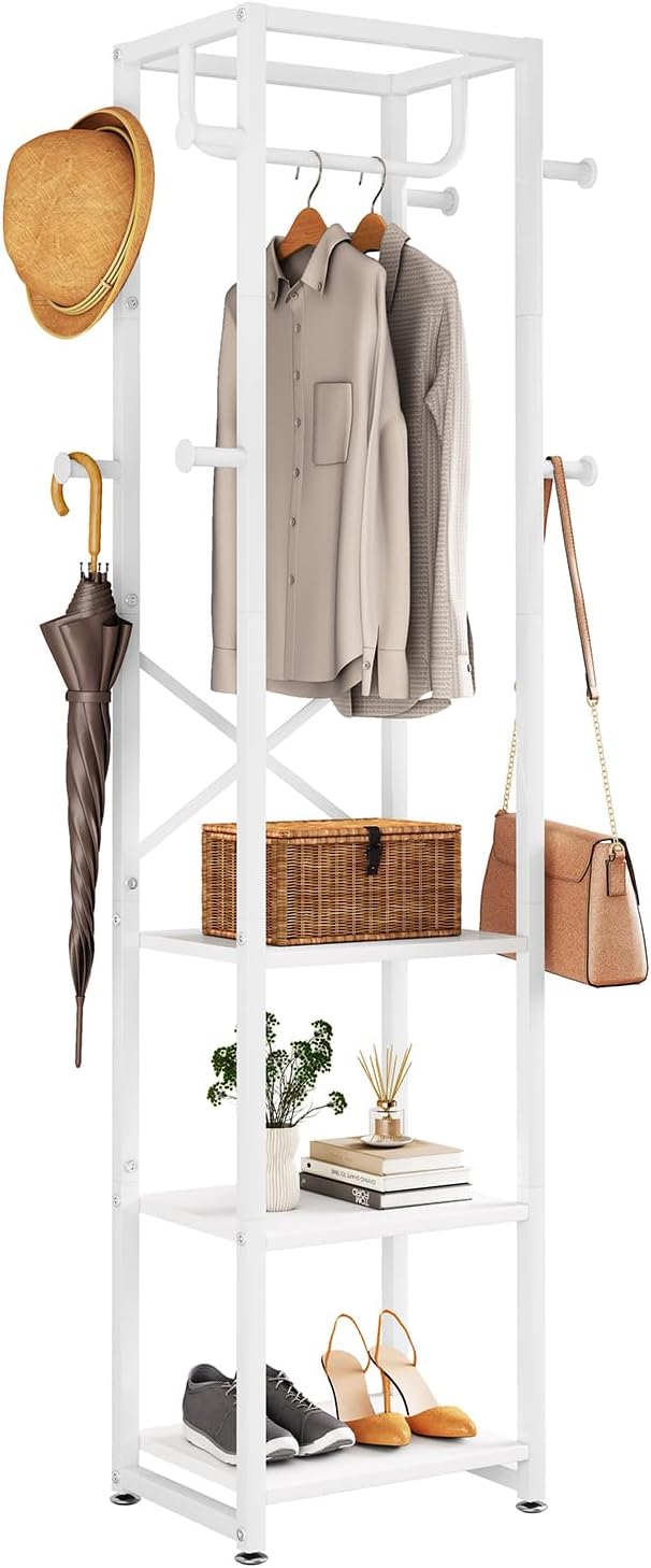 IBUYKE Coat Rack with Shelves, Freestanding Hall Tree with 3 Shelves and 8 Hooks, Industrial Clothes Stand for Entryway, Hallway, Bedroom, White UTMJ088W