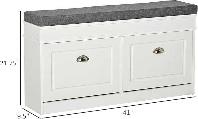 HOMCOM Modern Shoe Rack Bench for Entryway, Storage Organizer with Cushion, 2 Drawers, Adjustable Shelf, Holds 8 Pairs, White
