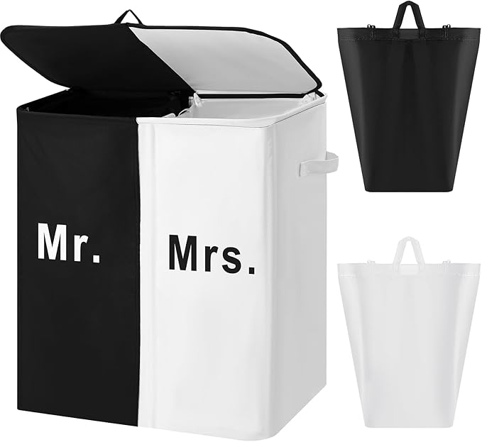 154L Large Double Laundry Hamper with Lid and Removable Bags Laundry Basket 2 Section Collapsible Dirty Clothes Hamper for Bathroom Bedroom for Husband&Wife Parents or Couple (Mr. Mrs.)