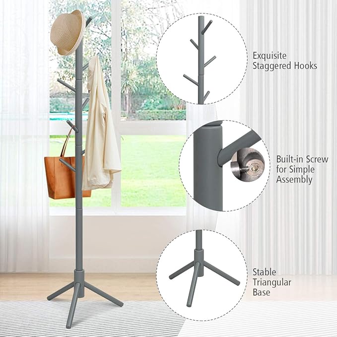 Tangkula Coat Rack Freestanding, Rubber Wood Coat Stand with 8 Hooks, Height Adjustable Entryway Coat Tree Coat Hanger Stand for Home Office Hall Entryway