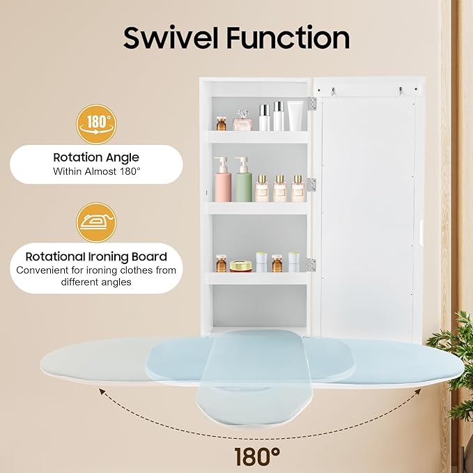 Wall Mounted Ironing Board Cabinet with Mirror, Built-in Swivel Ironing Board Foldable with Storage for Home Apartment Small Spaces (Style3 Rotatable)