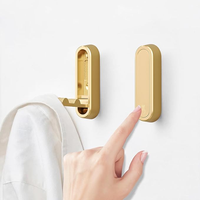 2Pcs Foldable Wall Hooks, Zinc Alloy Folding Hook Gold, Heavy Duty Folding Coat Hooks Wall Mounted for Hanging Coat Towels Bags Keys (Gold, 2 Pack)