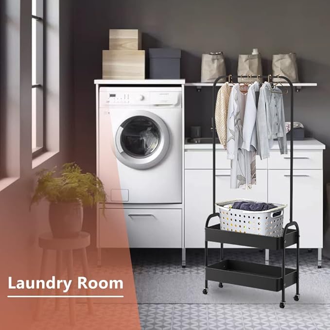 Black Clothing Rack - Portable Garment Organizer with 2 Tier Metal Baskets, Laundry Cart with Hanging Rack, Small Wardrobe on Wheels for Bedroom, Laundry and Entryway
