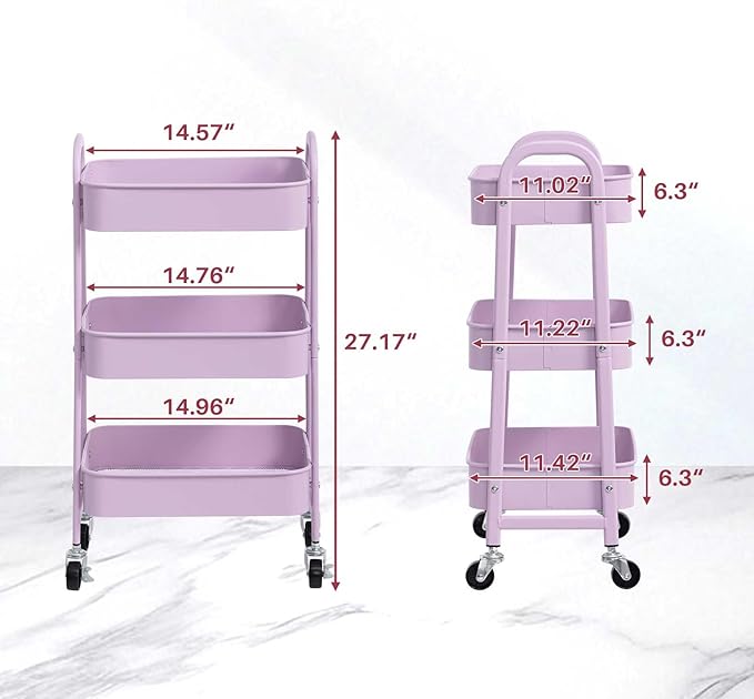 AGTEK 3 Tier Utility Rolling Cart with Lockable Wheels, Metal Multifunctional Storage, Organizer Cart for Kitchen, Office, Living Room, Makeup, Craft, Art Studio, Purple