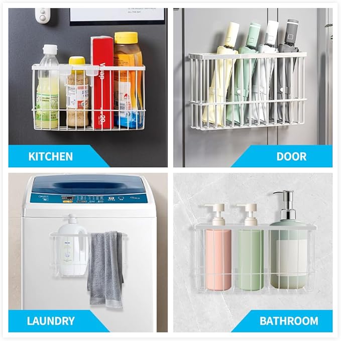Magnetic Metal Basket Organizer for Fridge & Locker, Storage Basket for Foil/Plastic Wrap/Spice/Dryer Ball, Space-Saving Kitchen & Laundry Solution (White, S)
