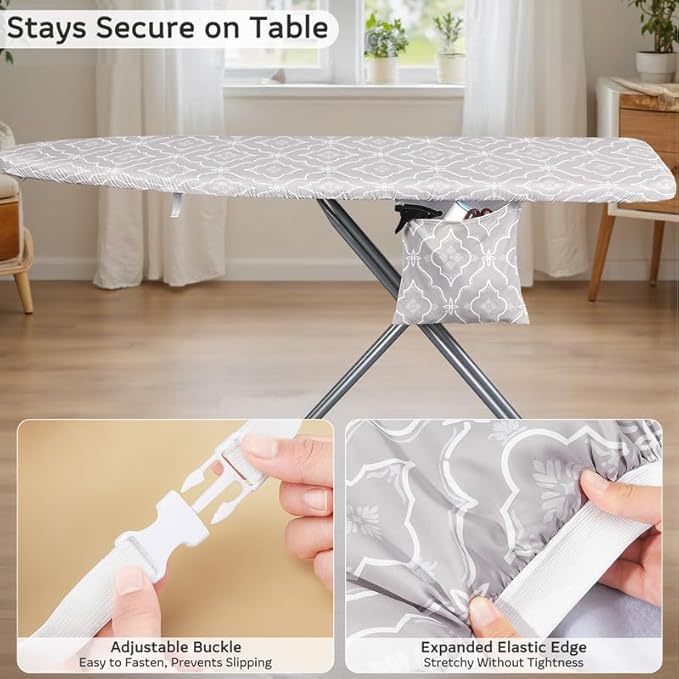FIOBEE Ironing Board Cover and Pad Extra Thick Iron Board Pad with Heat-Resistant Mesh Padded Iron Board Covers Adjustable Buckle & Elastic Edges for 15x54 Standard Size Ironing Board, Grey Geometric