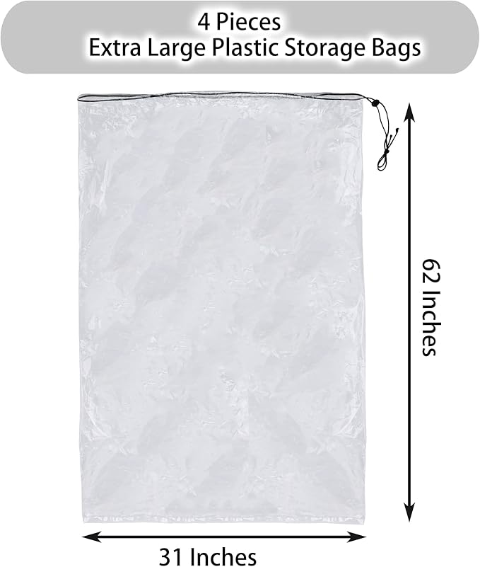 31x62 inches Extra Large Clear Drawstring Dust Covers Plastic Storage Bags Set of 4 Multi-Purpose for Storage and Keeping Luggage, Suitcase Good for Household Organizing Reusable