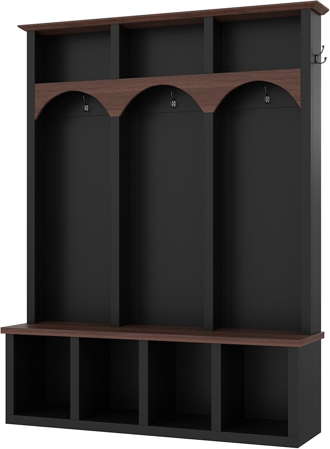 Farmhouse 59" Wide Hall Tree with 5 Black Hooks and Arched Design, Wood Grain Bench with Open Compartments, 4-in-1 Hallway Shoe Cabinet for Mudroom, Living Room (Black-9.9)