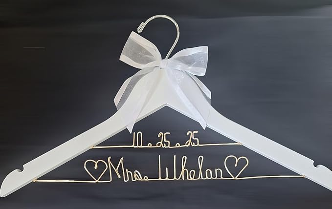 Bride Wedding Hanger for Dress - Custom Name or Add The Date White or Dark Wood Hanger with Notches - Silver or Gold Wire Writing - Choice of 10 Bow Colors - Wedding Bridal Shower Judge Doctor Gift