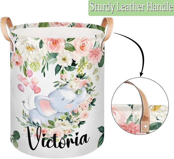 Personalized Laundry Basket, Custom Gift Laundry Hamper, Collapsible Nursery Waterproof Laundry Baskets, Dirty Clothes Toy Hamper with Handles Pink Floral Elephant Sleep