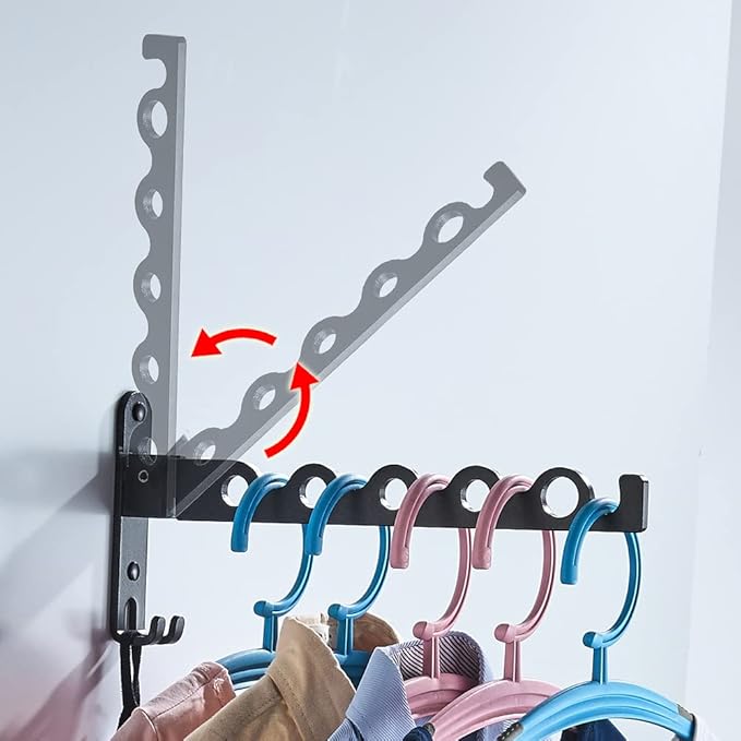 Small Wall Clothes Rail, Aluminium Foldable Drying Rack Hook 90° Rotation Coat Hanger for Laundry Bathroom Balcony (1ps Black Fixed Seat)