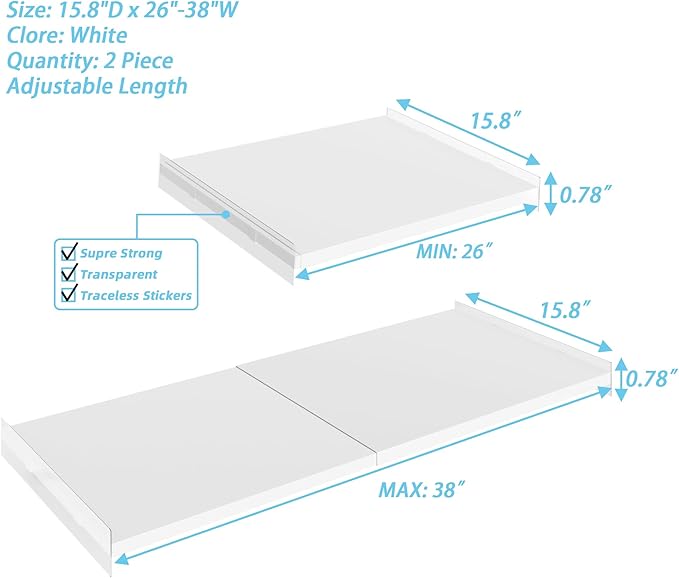Adjustable Closet Shelves Divider,2 Pack of Expandable Metal Hanging Shelves,Separator for Closet Cabinet Wardrobe Cupboard Bedroom(White,15.8" D x 26"-38" W,2PCS)