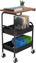 Rolling Cart with Wooden Tabletop, 3 Tier Metal Utility Cart, Rolling Storage Organizer Cart with Lockable Wheels for Kitchen, Office, Bedroom (Black)