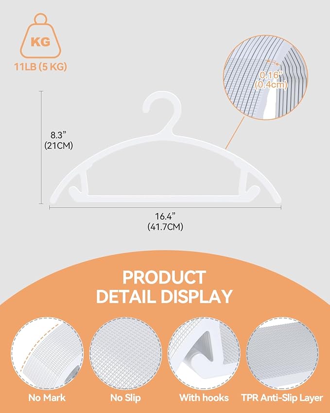 100 Pack Clothes Hangers, Non Slip Heavy Duty Plastic Hangers, Space Saving All-in-One Garment Hangers for Dresses Suits Jeans Knits, Hold Up to 11 LB Dry & Wet, 16.4" x 8.3",White,UAPY08100W