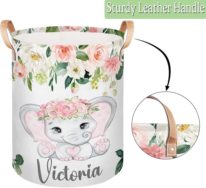 Personalized Laundry Basket, Custom Gift Laundry Hamper, Collapsible Nursery Waterproof Laundry Baskets, Dirty Clothes Toy Hamper with Handles Pink Floral Elephant
