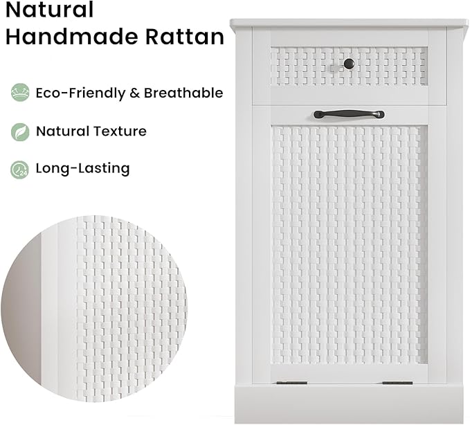 Tilt Out Laundry Hamper Cabinet, Rattan-Style Laundry Room Organization with Removable Laundry Basket, Hidden Wood Dirty Clothes Hamper with Drawer, 21.6" L x 13" W x 35.8" H, White