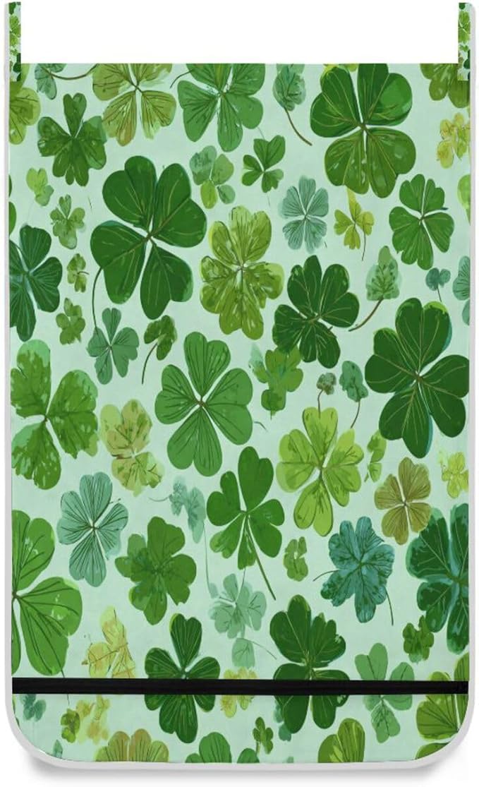 Green St Patrick Clovers Hanging Laundry Hamper Door Hampers Bag Basket with Stainless Steel Hooks Oxford Fabric Printing Decorative Clothes Bags 29.5X20inch 1Pack